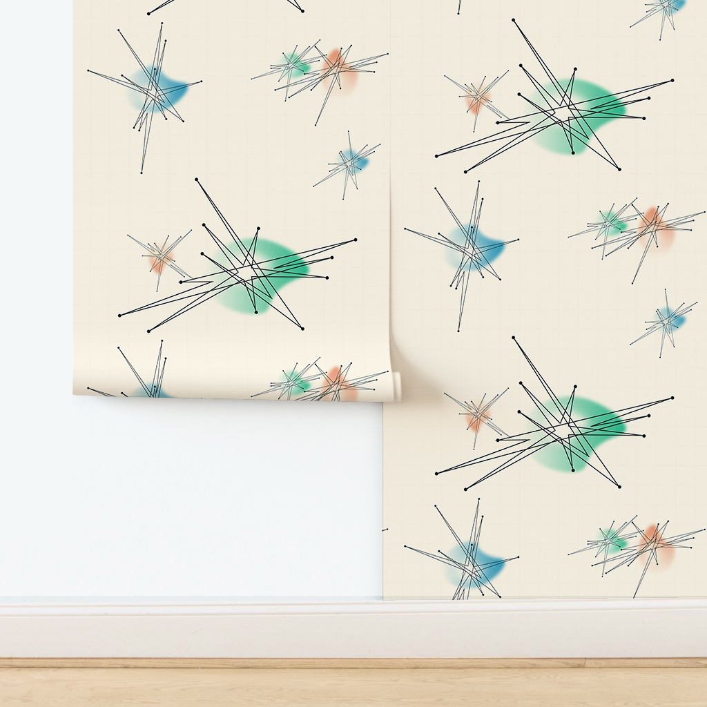 The artwork features a repeating geometric pattern of symmetrical shapes resembling elongated, curved diamonds or petals in various shades of blue and green. Each shape is split vertically with one half filled with a light blue and the other half filled with green or darker blue. The background is a light, almost pastel blue, which provides a soft yet vibrant backdrop. One of the blue shapes near the upper left contains a white starburst element, adding a focal point of brightness to the composition. The overall design conveys a modern, mid-century aesthetic with clean lines and harmonious color contrasts.